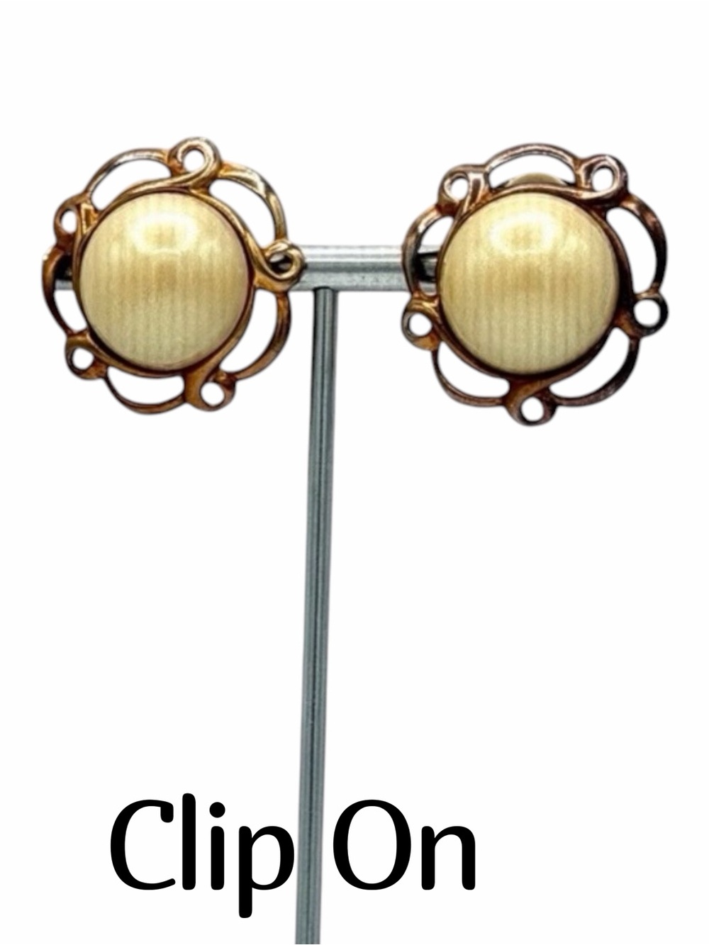 Vintage Two Sisters Clip-On Earrings Faux Pearl Scalloped  Gold-tone Design